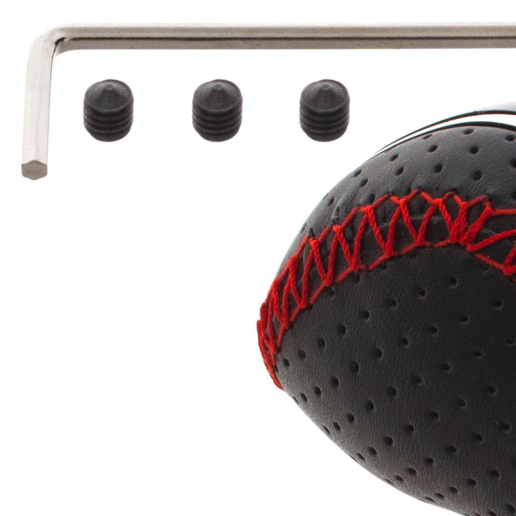 UNIVERSAL 5 SPEED BLACK LEATHER + RED THREAD + SILVER gear shift knob