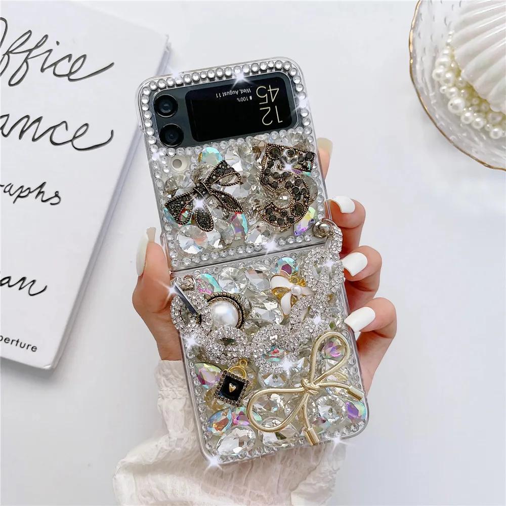 Phone Case Cover with Metal Hand Chain, Bling Diamond Leopard Head, Luxury Fashion, for Samsung Galaxy Z Flip 4 3 Z Flip 5