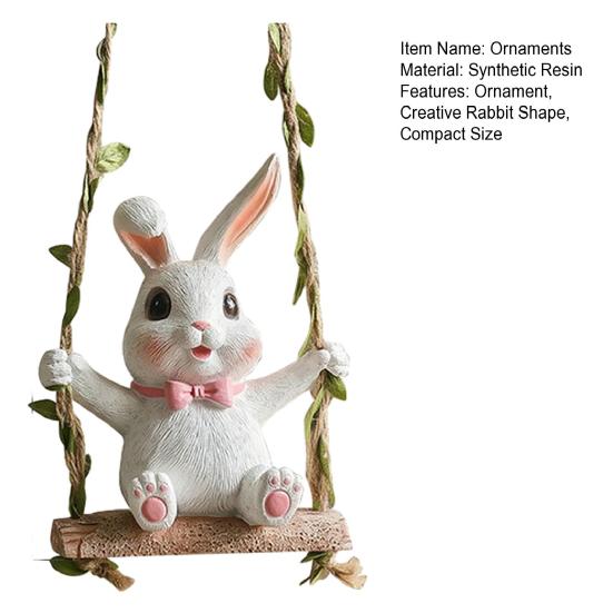 Rabbit on A Swing Ornament Durable Resin Waterproof Hanging Decor with Hemp Rope And Leaf Design Pendant for