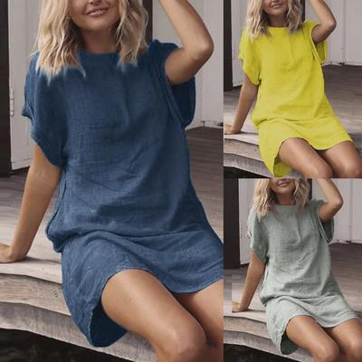 Women's Spring/Summer Loose Solid Color Cotton-Linen Short-Sleeve Dress