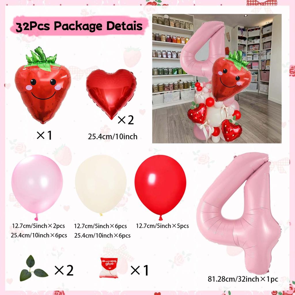Strawberry Digital Balloon Numbers 0-9 Strawberry Love Aluminum Film Pink White Red Balloon for Anniversary Birthday