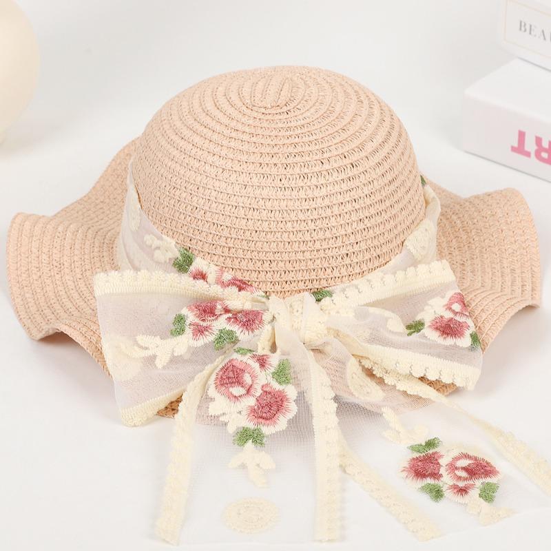 

Горячая Распродажа Вышитая Роза Кружево Бант Соломенная Шляпа Летняя Женская Солнцезащитная Шляпа от Солнца Морской Отпуск Пляжная Шляпа children s hat circumference is about 53cm розовый