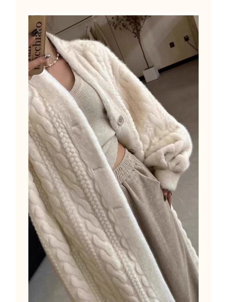 Damen Herbst/Winter 2024 Nerz Plüsch Strick Langer Cardigan Pelzmantel