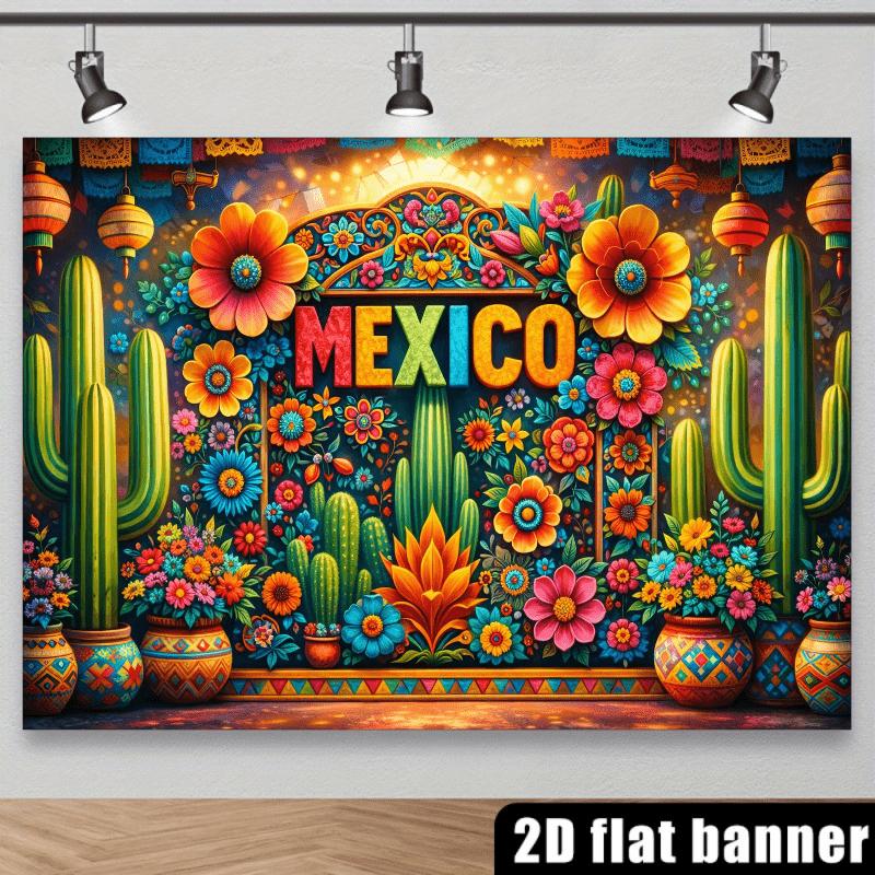 2D planar Mexican-style background fabric with colorful arches, cacti, skull decorations, lanterns and colorful flowers