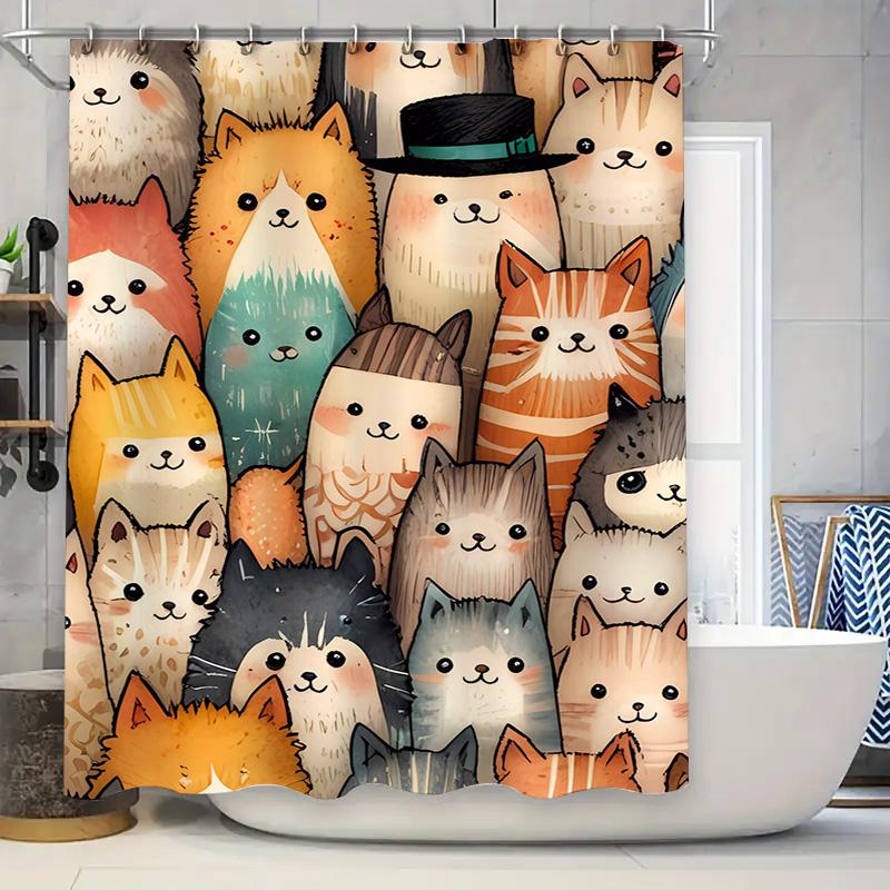 

Adorable Animal Print Shower Curtain Watercolor Cats Design For Bathroom Decor W60H190(CM)-1 Pcs