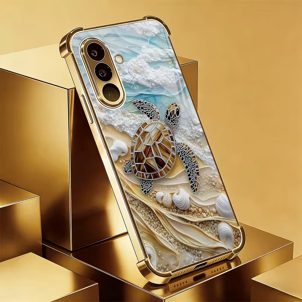 Cute Turtle Pattern Electroplated Glass Phone Case Suitable for Samsung Galaxy S26 S25 S24 S22 S21 S20 FE/Ultra/Plus Anti Drop