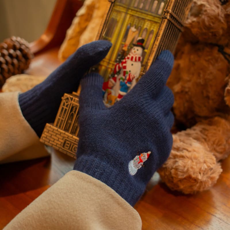 SNOOZY Snowman Embroidered Wool Knit Gloves Navy
