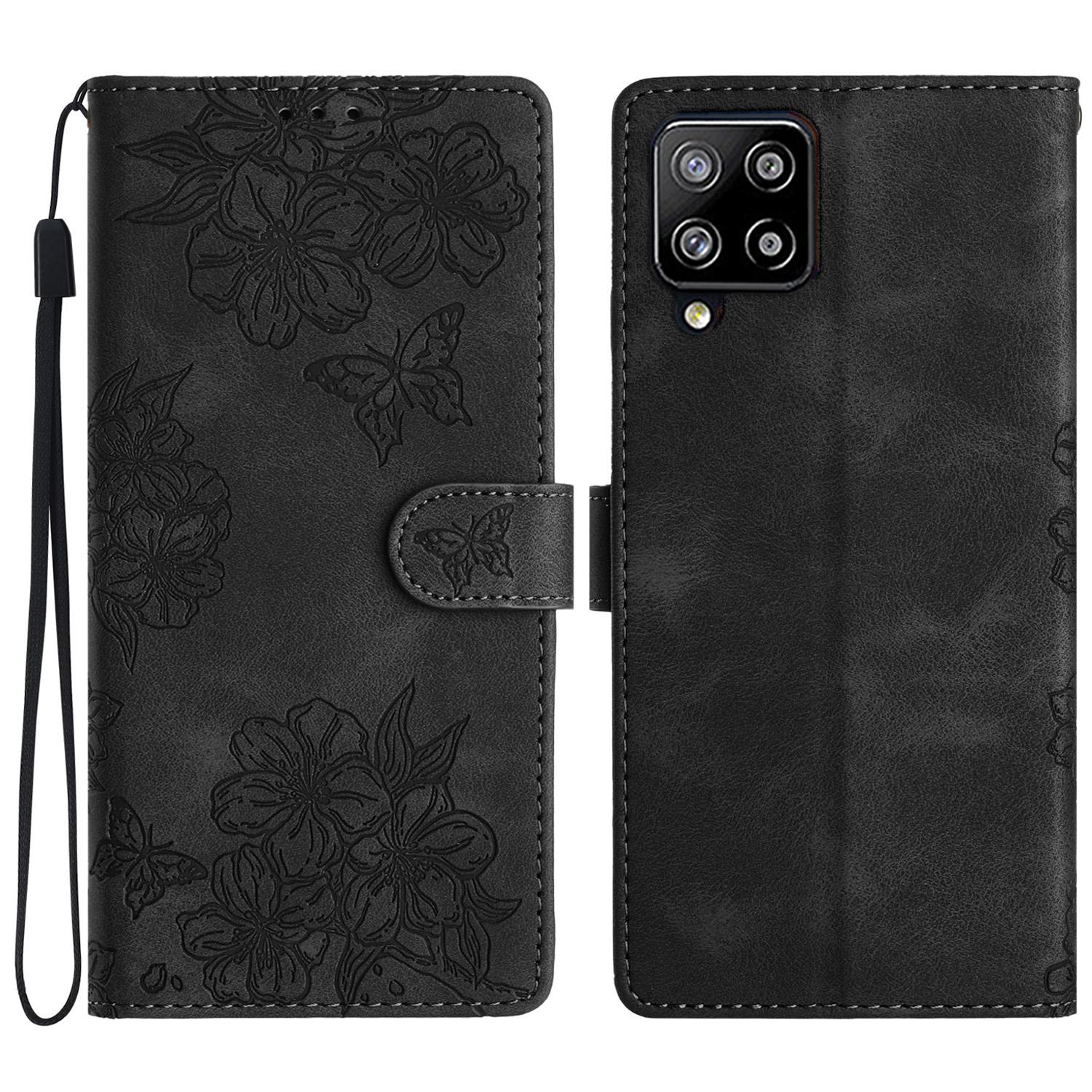 

For Samsung Galaxy A22 4G (EU Version) Case Sakura Butterfly Imprint Leather Wallet Phone Cover Black