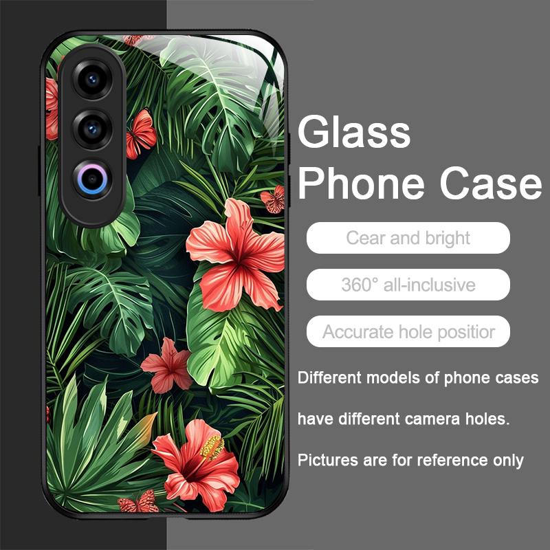 Fashion Palm Leaf Floral Pattern Tempered Glass Phone Case for OnePlus 13R 12 11 10 9 Nord CE4 3 2 Lite ACE2 ACE3 Pro Hard Cover