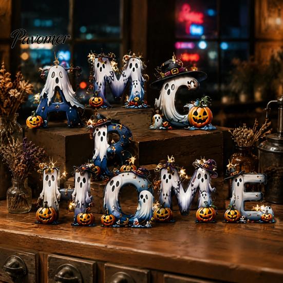Candy Bag Packaging Embellishments Halloween Letter Ornament, Spooky Hanging Wooden Alphabet Letters Pendant with Ghost Small Craft Sets Pumpkin Witch