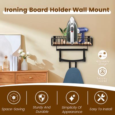 Ironing Board Hanger Wall Mount Ironing and Iron Board Hanger with Wood Storage Base Hooks Multifunctional Storage Holder Home