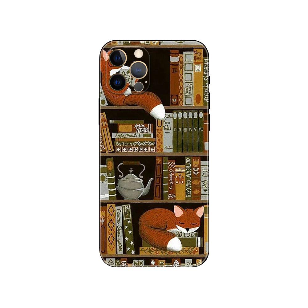 Cats and the Library Tree Phone Case for Iphone 5 5s 2020se 6 6s 7 8 Plus X 10 XR XS 11 12 13 Mini Pro MAX Black Tpu Back Cover