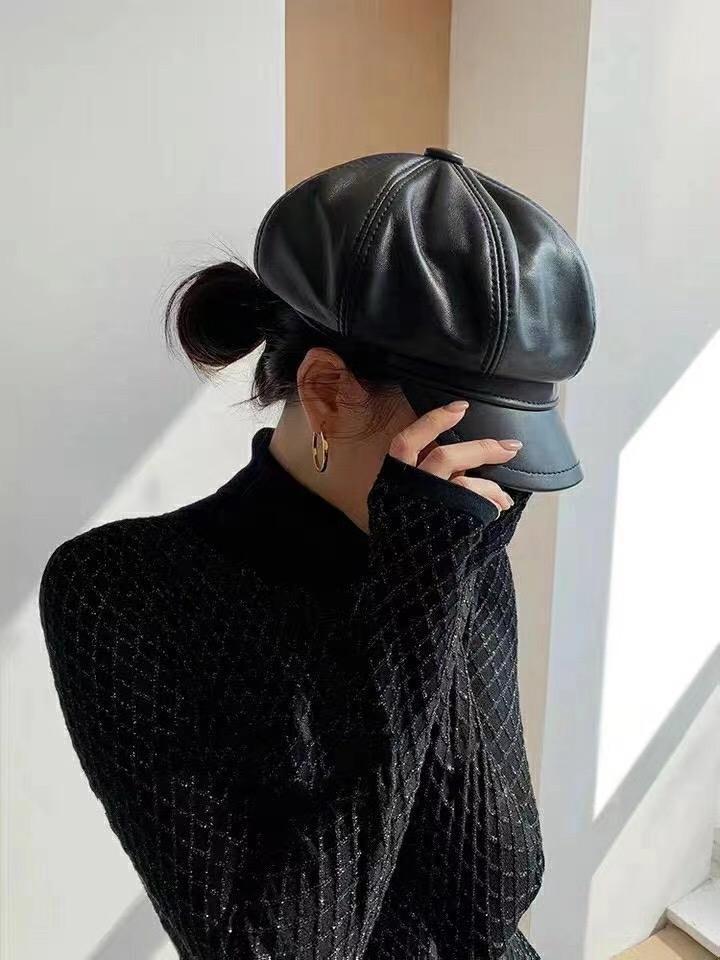 Genuine Leather Beret Hat Winter Spring Hats For Women Painter Newsboy Cap Vintage Beret Female Black Boinas England Style Hat