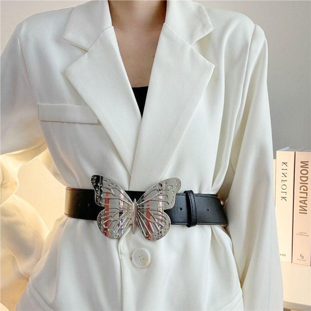 Metal Buckle PU Leather Belt Y2k Jeans Waistband Personality Butterfly Belt  Female