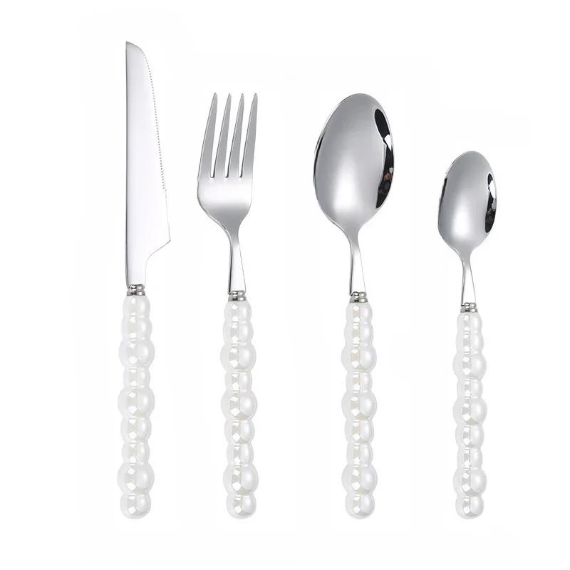 4Pcs Gold Dinnerware Set Stainless Steel Cutlery Knife Tea Fork Coffee Spoon Pearl Ceramic Handle Flatware Utensils for Kitchen