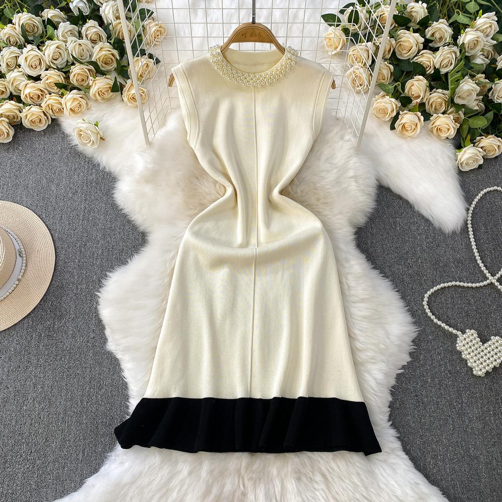 Spring Summer Beaded Knitted Mini Dress for Women Fashion Sleeveless Slimming Ruffle-Trimmed Sweater Dress