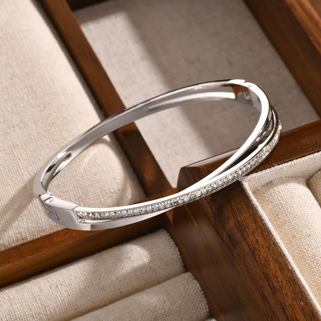 Trendy Crossed Cubic Zirconia Stones Bangles Women Girls Stainless Steel Layered Cuff Hand Bracelets Jewellery Accessories