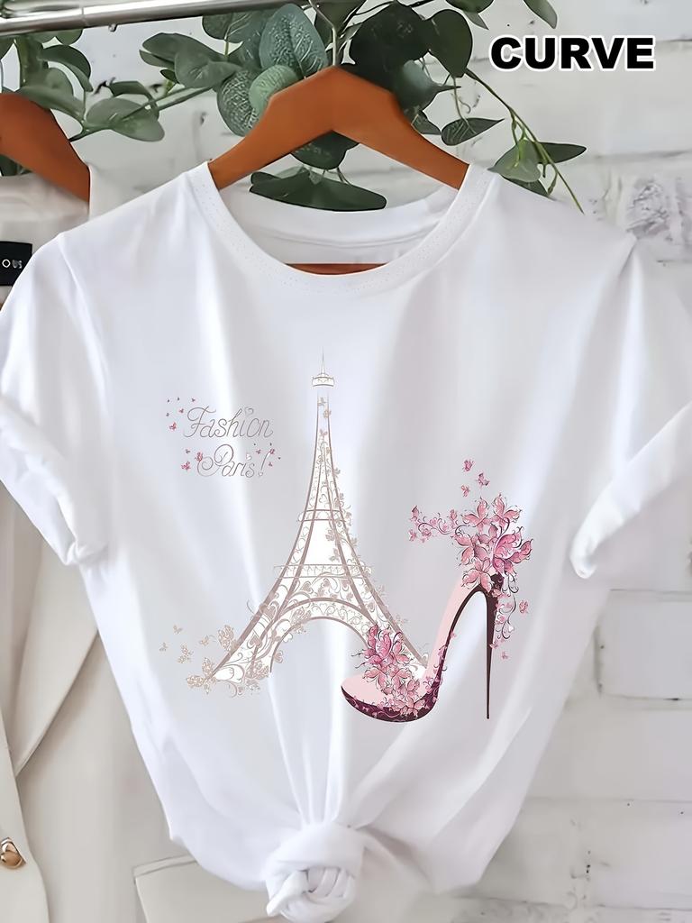 Women's Eiffel Tower Print Tee Black Parisian Inspired Cherry Blossom  High-Heel Design Travel Casual Outfits, Outfit for Summer