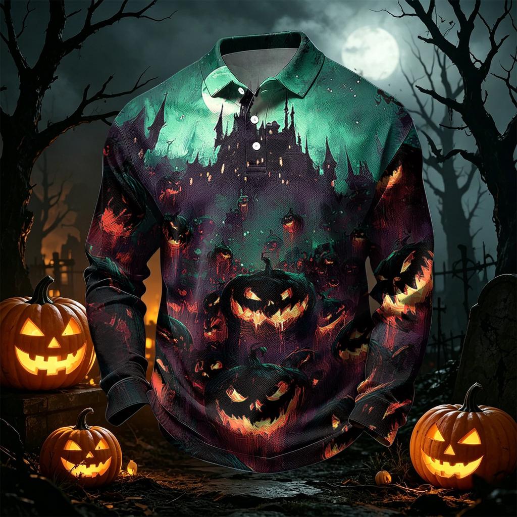 Męska Koszulka Golfowa z Siateczki Szybkoschnąca Długi Rękaw z Nadrukiem Halloweenowym Koszulka Wydajnościowa