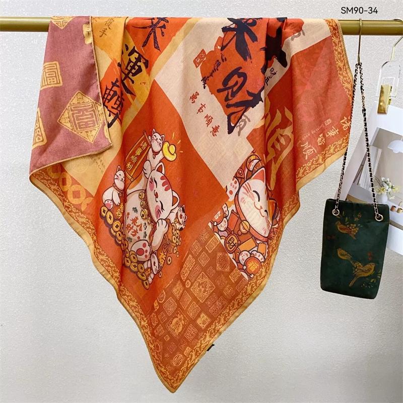 Double-Sided Faux Silk And Wool Printed Scarf For Women Spring And Autumn 90Cm Square Scarf Foulard Bandana Femmel Headscarf