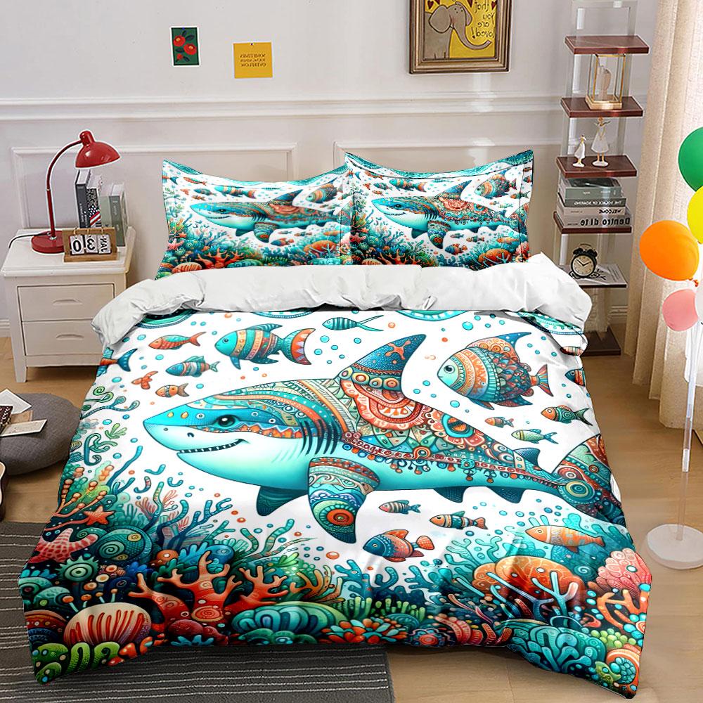 Colorful Ocean Shark Decor Set Multiple Sizes Kid'S And Adults' Bedroom Exquisite 3Pc Bedding Set, Gift