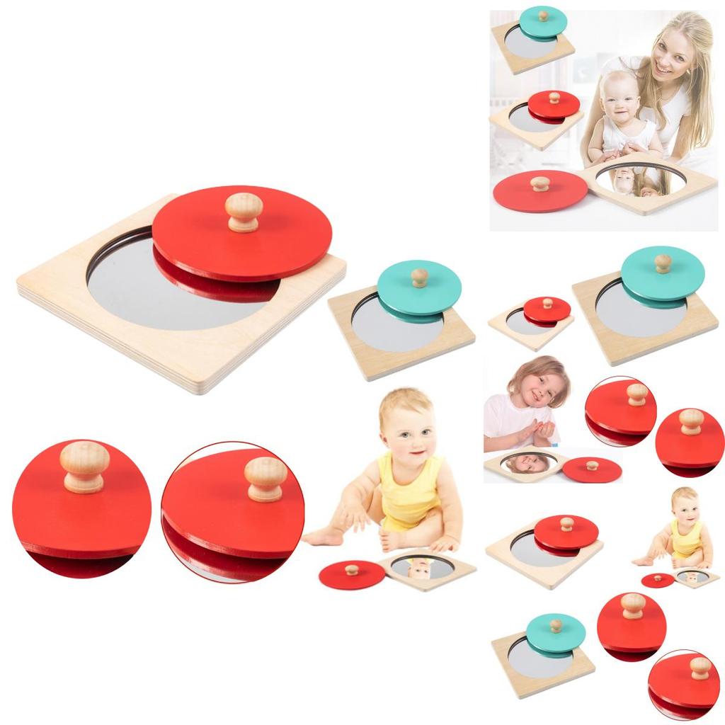 Hoshi Baby Wooden Montessori Mirror Peekaboo Knob Puzzle, Infant 3mos+ Tummy Time Toy