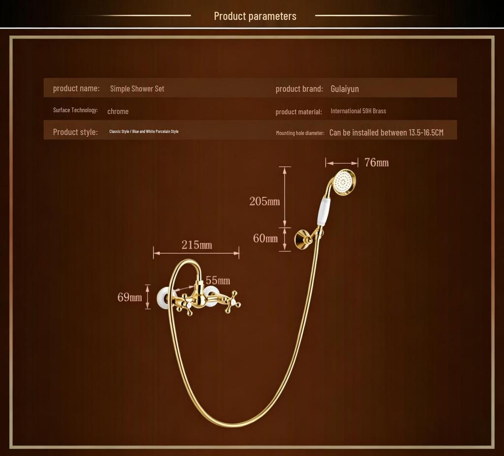 Gold-Plated Retro European Shower Set: Dual Handle Bathtub Faucet with Hot and Cold Mixer