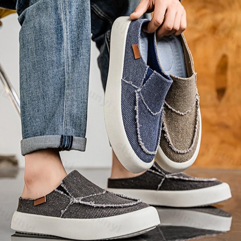 Fashion Men's Niche Fashion Casual Thick Soled Canvas Half Slippers 2025 Autumn Low Top Comfortable Versatile Non Slip Chunky Drag Shoes