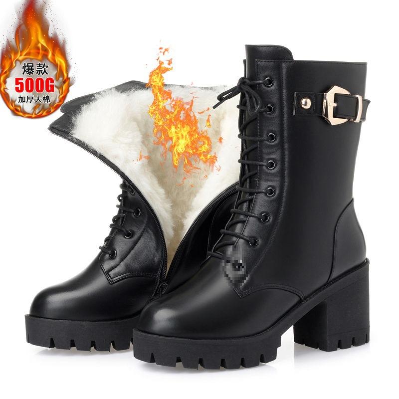 Short boots women's winter mid boots women's shoes women's boots thick heel Martin boots women's high heels leather boots velvet women's cotton shoes