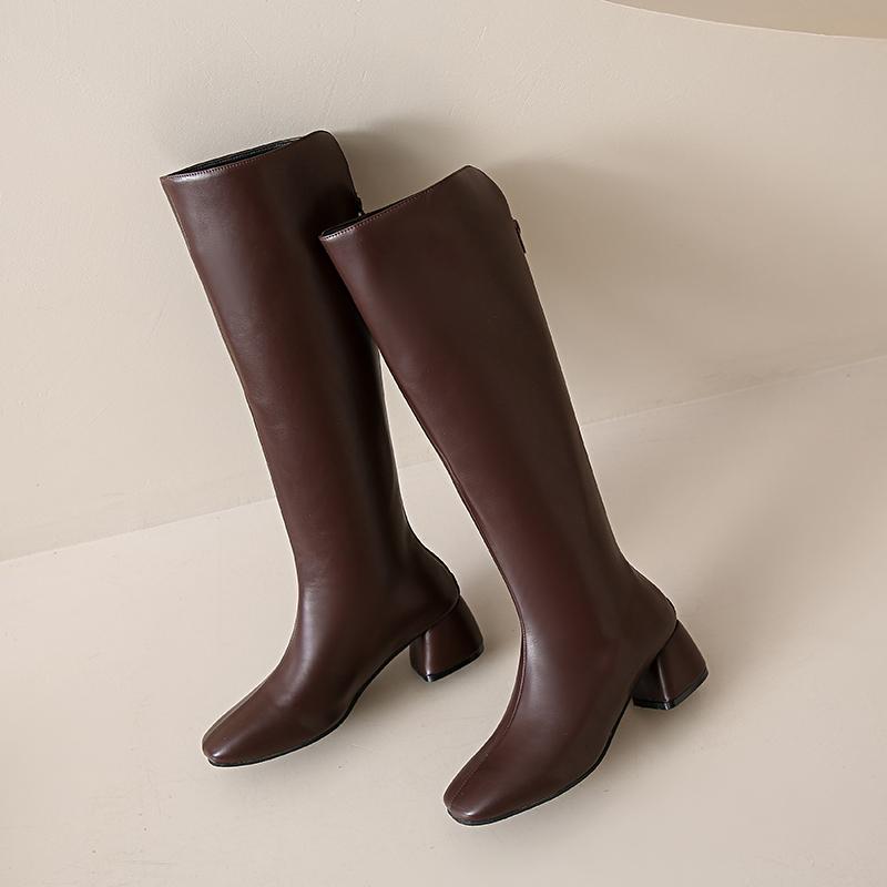 Street Style Fyrkantig Klack Kvinnor Knähöga Stövlar Höst Vinter Mjukt Läder Damer Smala Koncisa Långa Damstövlar