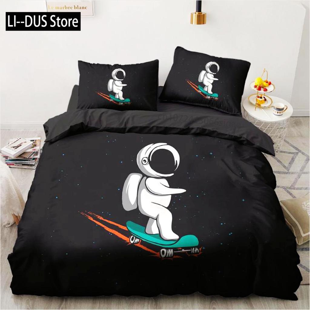 Space Duvet Cover Set Microfiber Outer Space Astronaut American Flag Pattern Bedding Set For Boys Girls Queen King Quilt Cover