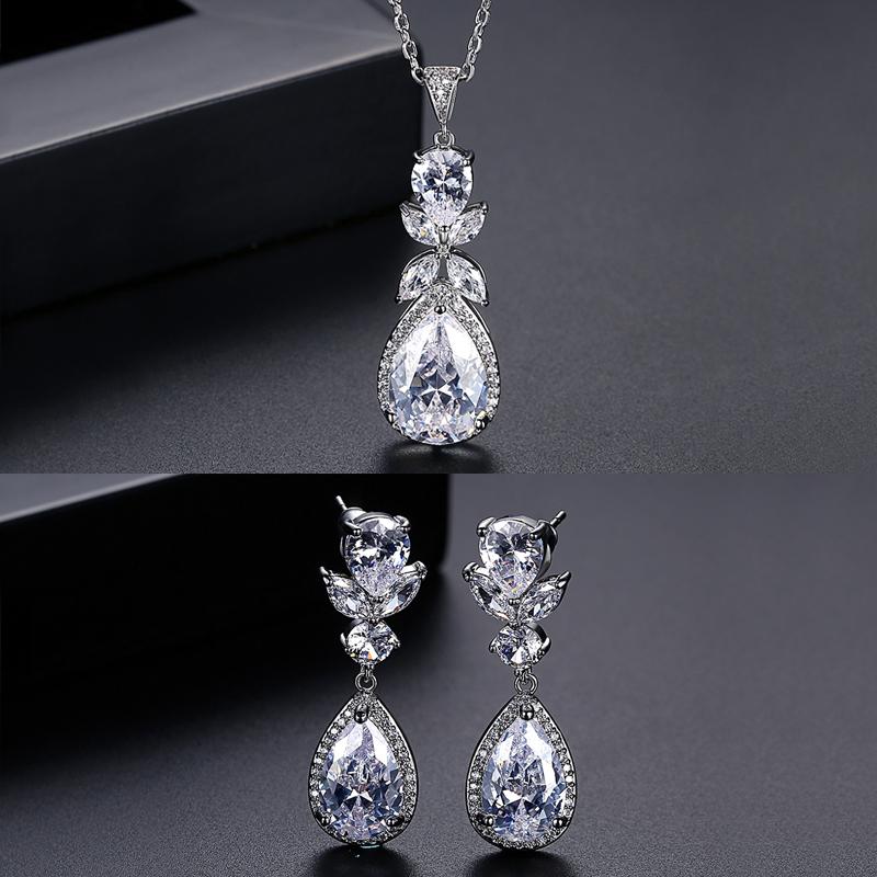 LUOTEEMI Fashion Lady Water Drop Tear Earrings Flower Zirconia Pendant Necklace for Woman Wedding Jewelry Set
