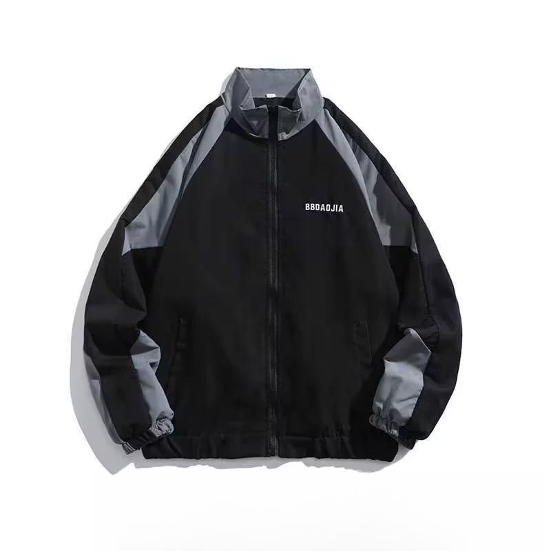 Retro Contrasting Splicing Stand Up Collar Jacket for Men, Spring and Autumn Trendy Brand Loose College Style Couple Casual Jacket