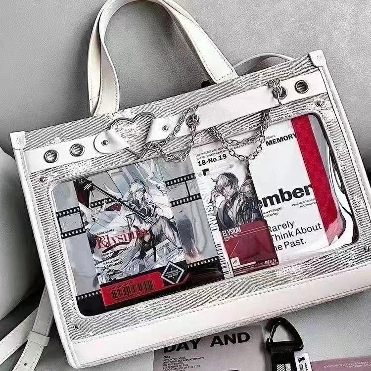Y2k Women Fashion Denim Ita Shoulder Bag Cute Girl Transparent Pocket High-capacity Crossbody Bag Diy Display Handbag