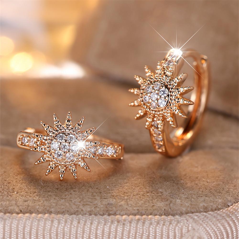 White Zircon Round Stone Sunflower Hoop Earrings For Women Vintage Gold Color Flower Wedding