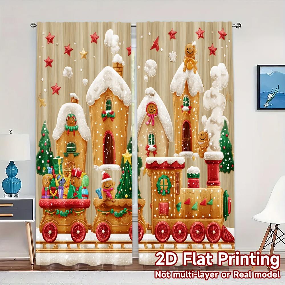 

Set Of 2 Flat Printing Jit Curtains Without Rod Gingerbread Express Popular Polyester Room Curtain Semi Sheer W100*H70(CM)-Hooks&2PCS