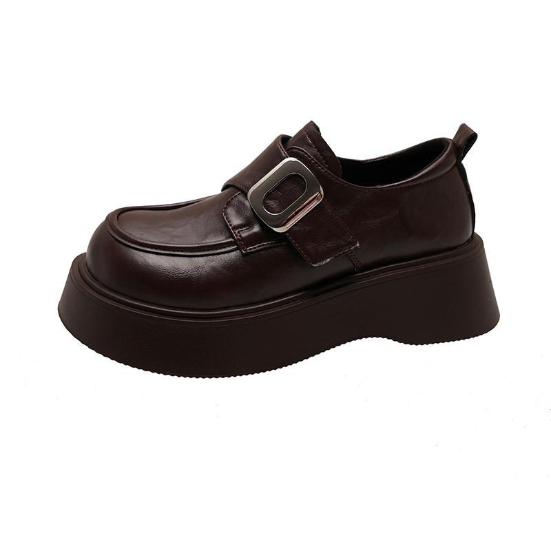 Loafers women's 2025 spring new retro brown Velcro single shoes platform heightening British style small leather shoes