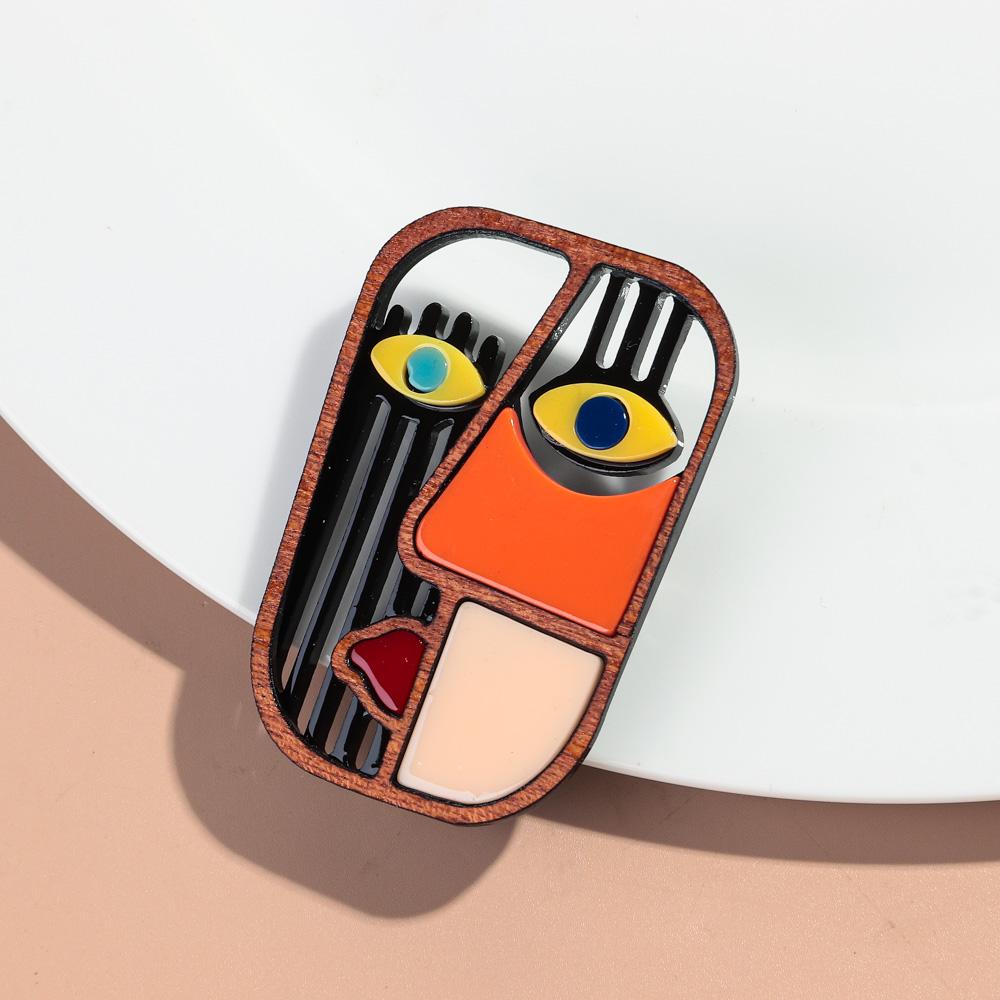 New Abstract Man Face Figure Acrylic Wood Brooch for Women HipHop Geometric Facemask Badge Creative Jewelry Accessories Gift оранжевый