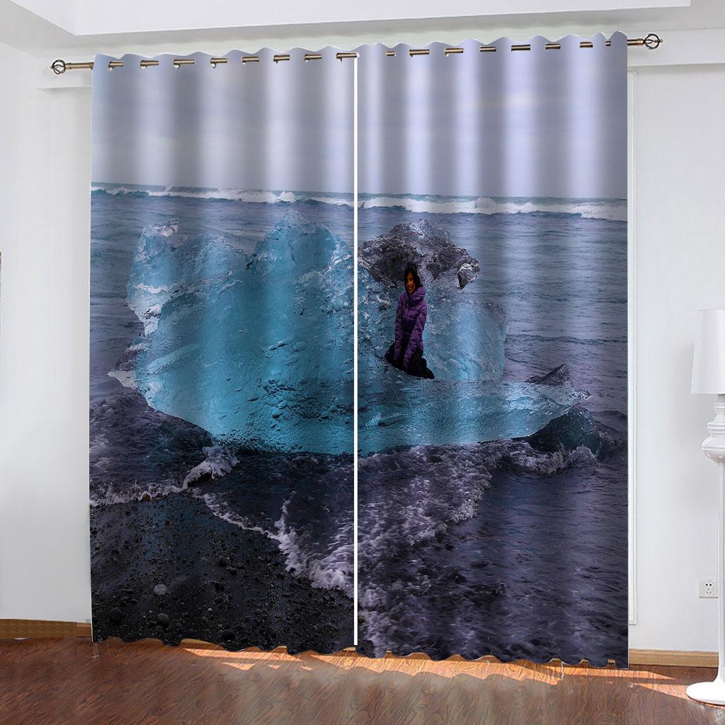 2PC Ocean Beach 3D Curtains Beautiful Landscape Pleasant Style Applicable Bedroom Balcony Living Room Kitchen Window Decor