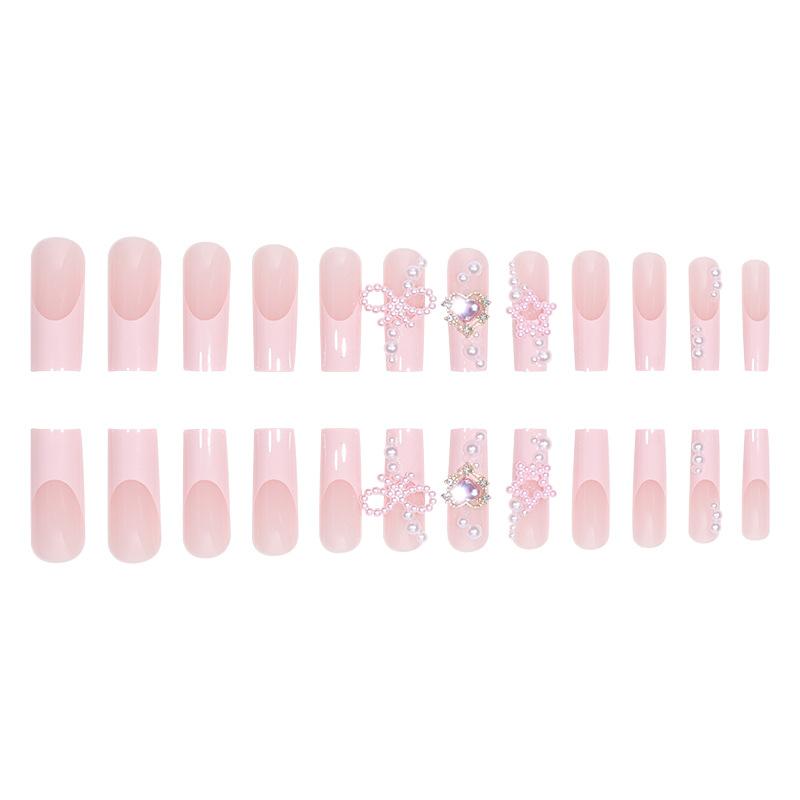 Pink Cute Sweet Love Diamond Water Pipe French Pearl Bow Wearing Nail Patch Fake Nail Wholesale