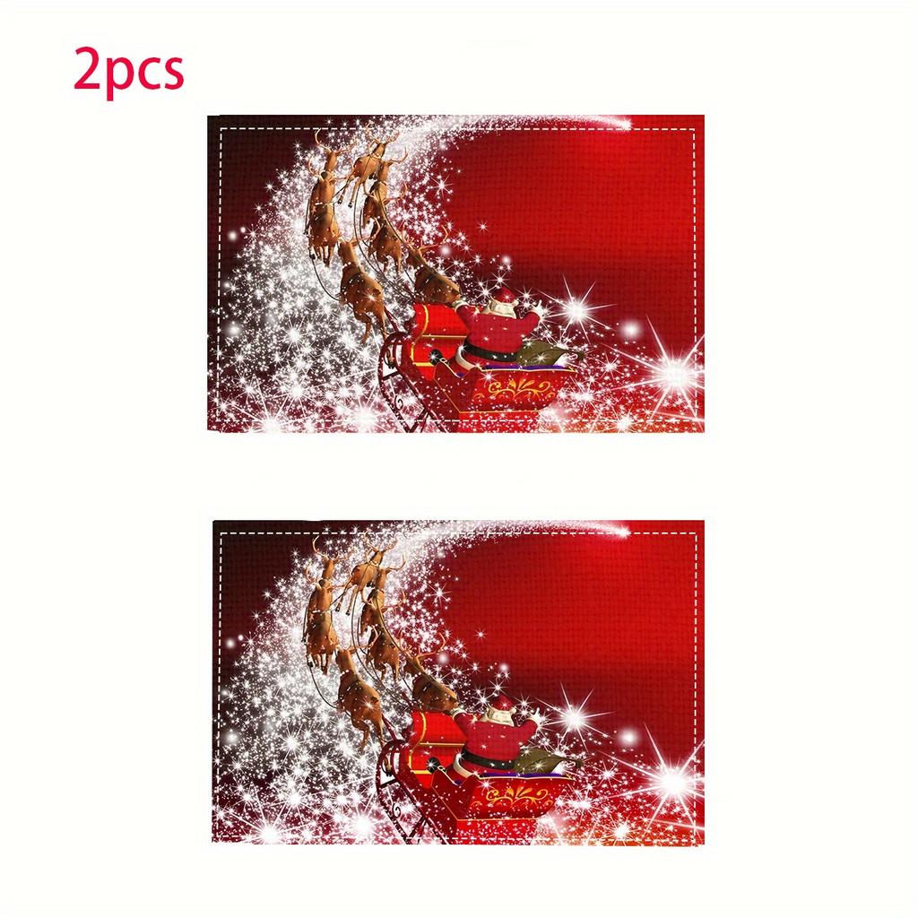 2/4pcs Christmas Theme Santa Claus Sleigh Reindeer Print Placemats, Family Kitchen/Heat-Resistant Placemats, Tabletop Protection, Kitchen Dining Table