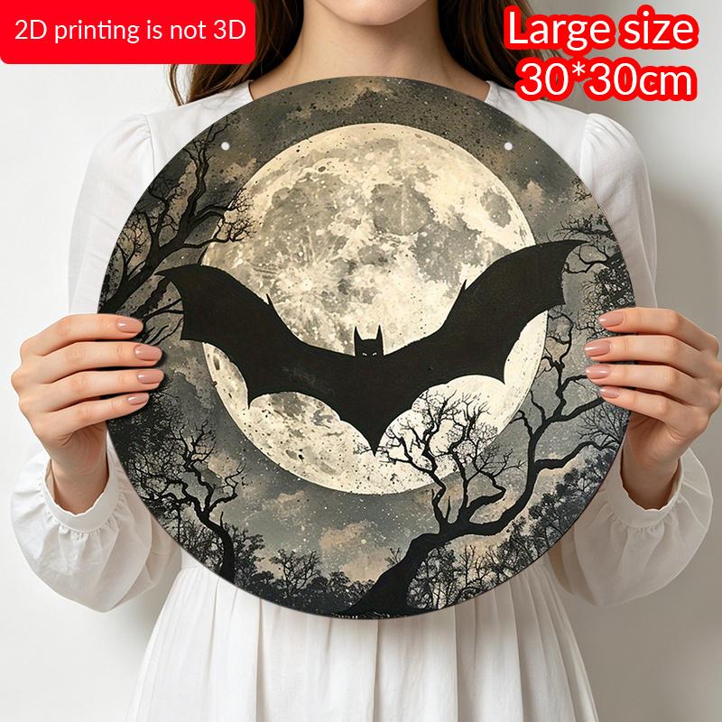2D Flat, 1pc Gothic Bat Wall Art - Round Metal Bat Silhouette Sign with Moon Night Sky, Aluminum Pre-Drilled Hanging Decor for Man Cave, Office