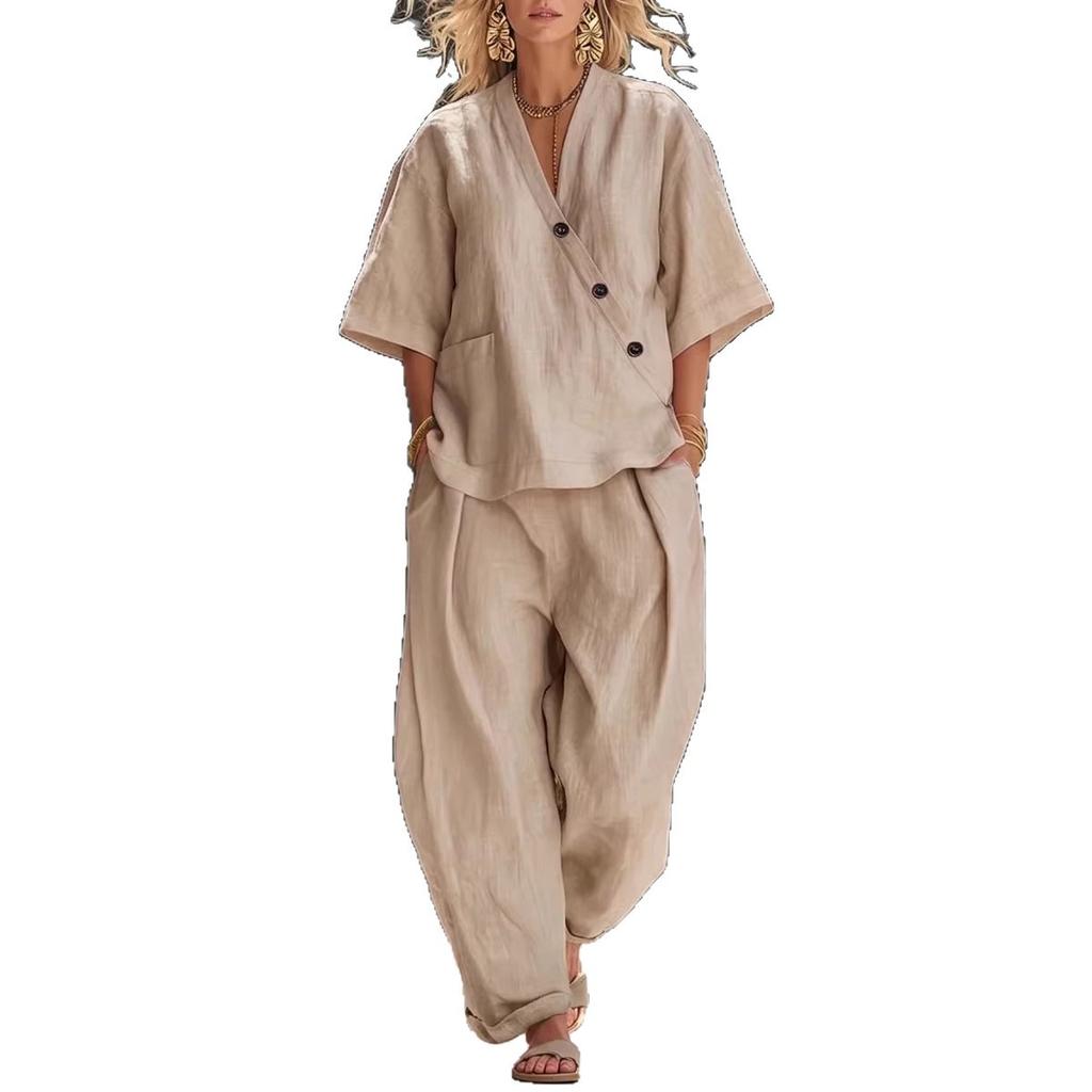 Women's Linen V-Neck Short Sleeve Top and Wide Leg Pants Set in 5 Colors