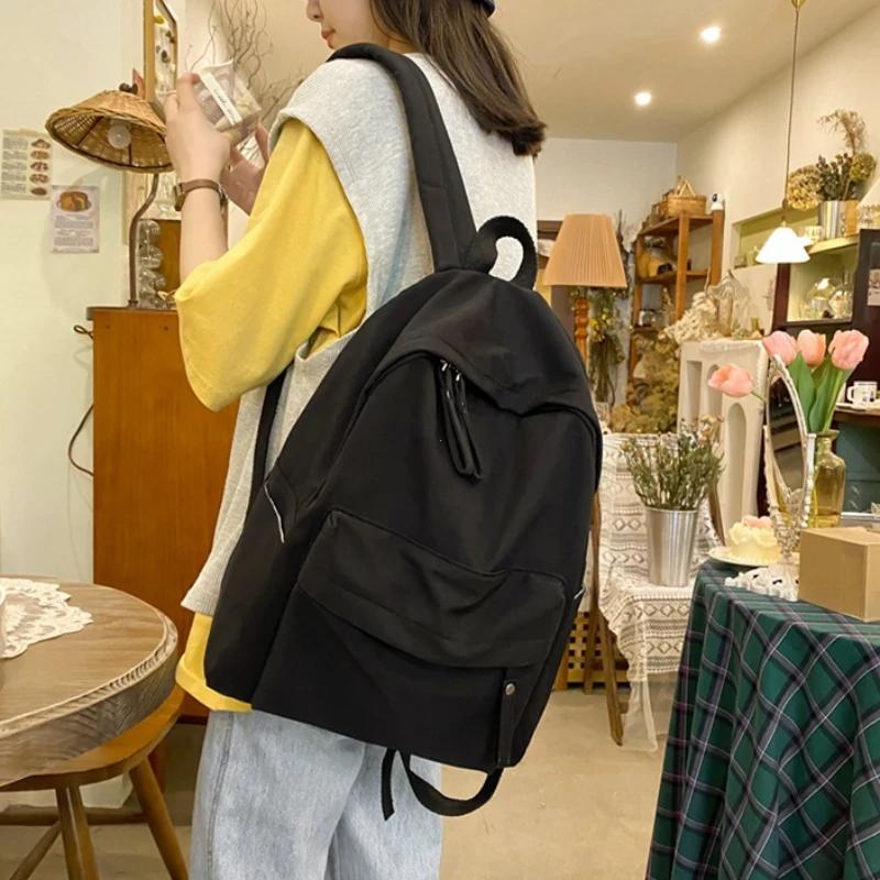 Waterproof Nylon Backpack For Women Simple Solid Color Bookbag Travel Backpack For Student Girls School Bag Female Shoulder Bags