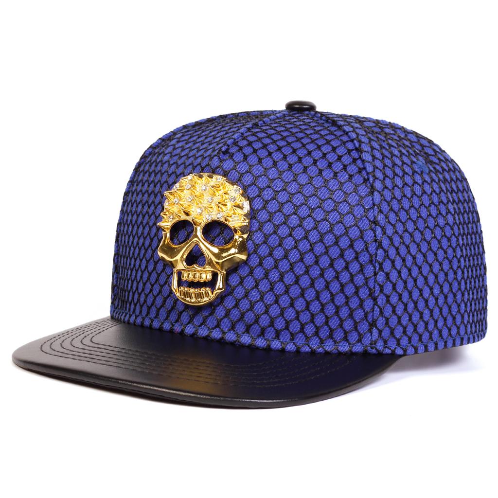 Unisex Metal Skull Decoration Adjustable Flat Top Baseball Hat Mesh Snapback Caps Spring Summer Outdoor Leisure Hats Travel Accessories for Women Men