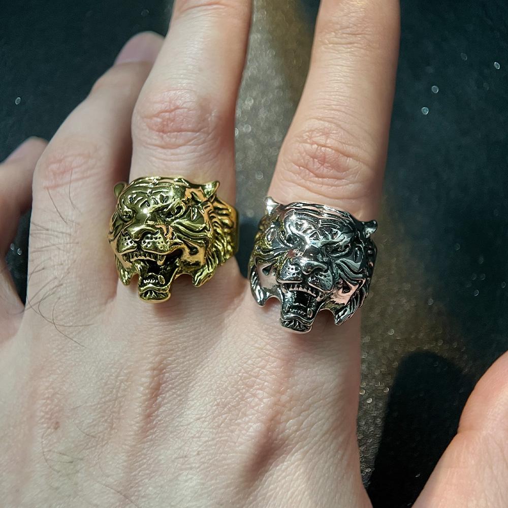 Retro Tiger Head Ring for Men Antique Gothic Adjustable Open Ring Alloy Zinc Alloy Plated Zircon Punk Rock Hiphop Accessories Gift