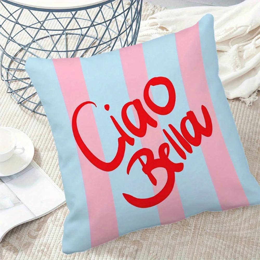 2D-Flat decorative cushion covers with striped design and various Italian quotes for sofa and chair.