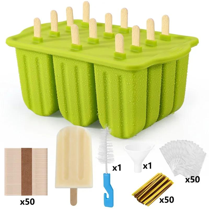 

Формы для летнего мороженого на 12 ячеек из пищевого силикона, инструменты для приготовления мороженого своими руками, с деревянными палочками, легко извлекаемые, форма для льда для мороженого