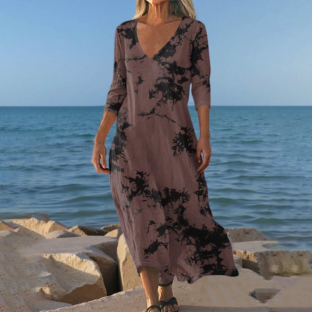 Dresses For Womens Vintage Print Tunic Waisted Midi Dress Summer Casual 3/4 Sleeve Dress