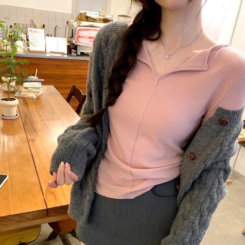 Spring new simple fashion collar long-sleeved lapel bottoming shirt women's slightly fat and thin waist shirt